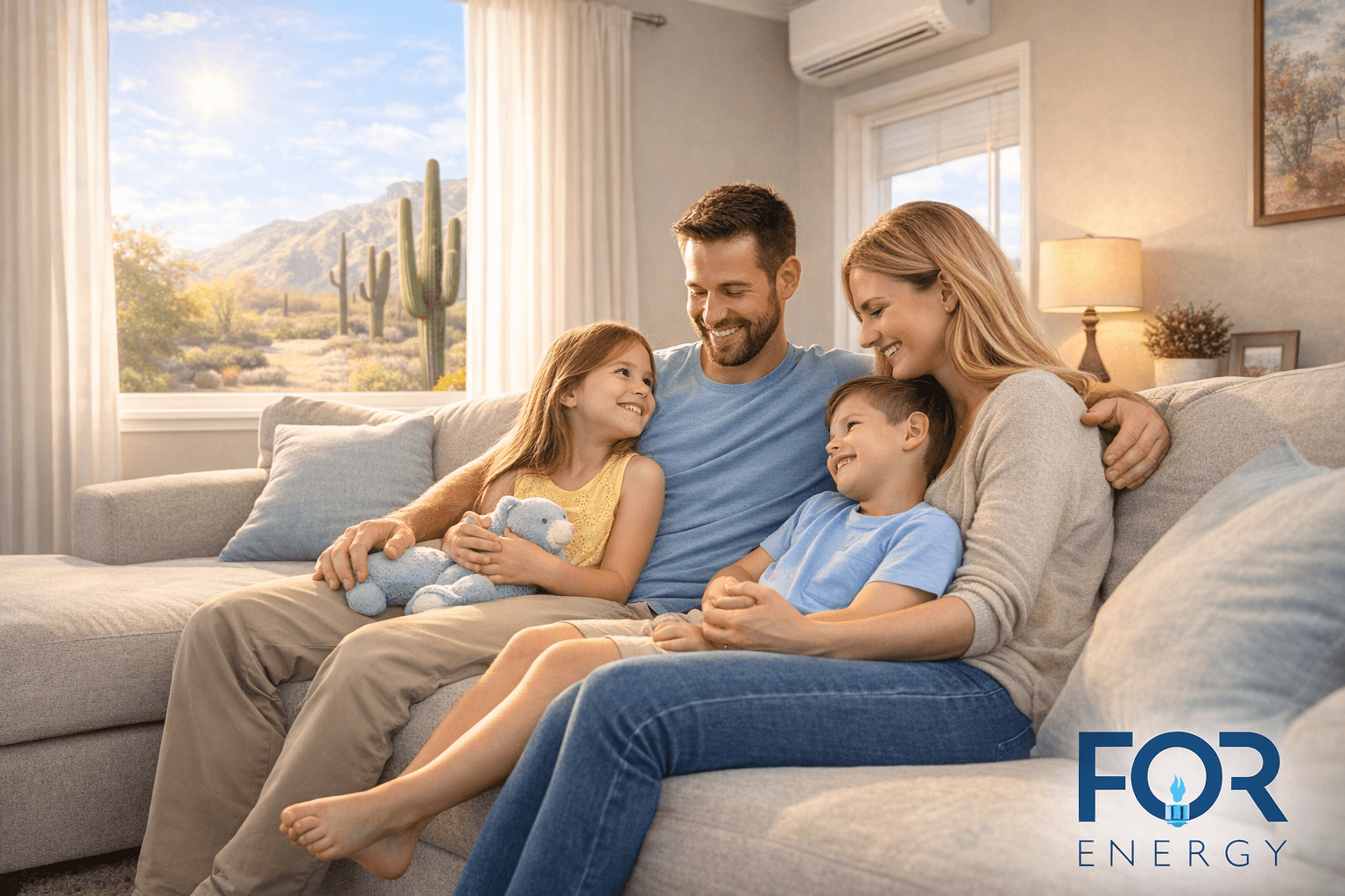 A happy family of four sits close together on a couch in a bright living room, smiling and looking at one another. Sunlight shines through a large window revealing a desert landscape with cacti and mountains outside, and a wall-mounted air conditioning unit is visible above. The parents sit with their young daughter holding a stuffed toy and their son leaning in comfortably. The FOR Energy logo appears in the bottom right corner.
