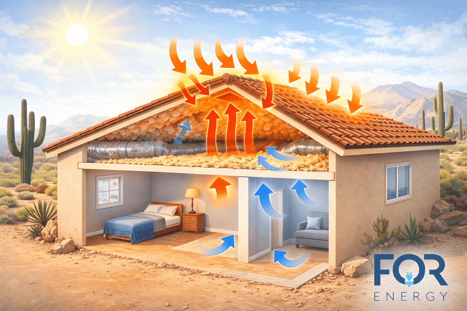 Cutaway illustration of a single-story home in a desert setting under bright sun. Orange arrows show heat from the sun penetrating the roof and building up in the attic, while additional arrows indicate warm air rising from the living space below. Blue arrows inside the rooms show cooler air circulating near the floor and walls. Insulated ductwork runs through the attic above a layer of insulation. The FOR Energy logo appears in the bottom right corner.