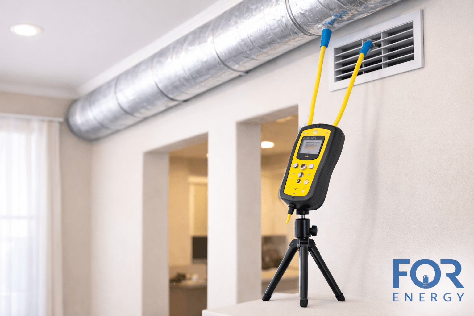 A digital manometer on a tripod measures airflow pressure at a wall vent using two yellow tubes, with exposed metal ductwork running along the ceiling in a residential interior. The FOR Energy logo appears in the bottom right corner.
