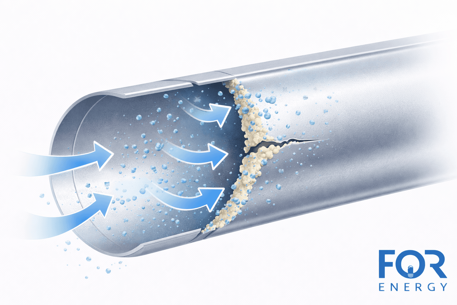 A cutaway illustration of a metal air duct showing a crack and buildup of debris along the seam, with blue arrows indicating airflow escaping through the leak and particles dispersing into the air. The FOR Energy logo appears in the bottom right corner.