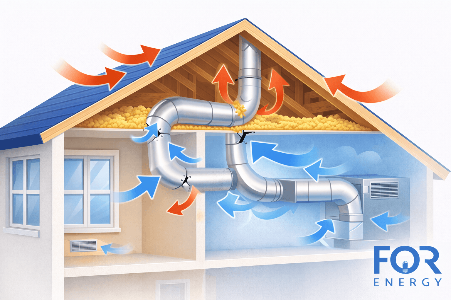 A cutaway illustration of a home attic and HVAC duct system showing air leaks and heat loss. Red arrows indicate warm air escaping through the roof and attic, while blue arrows show conditioned air moving through metal ducts with visible leaks. Insulation is shown in the attic, and the FOR Energy logo appears in the bottom right corner.