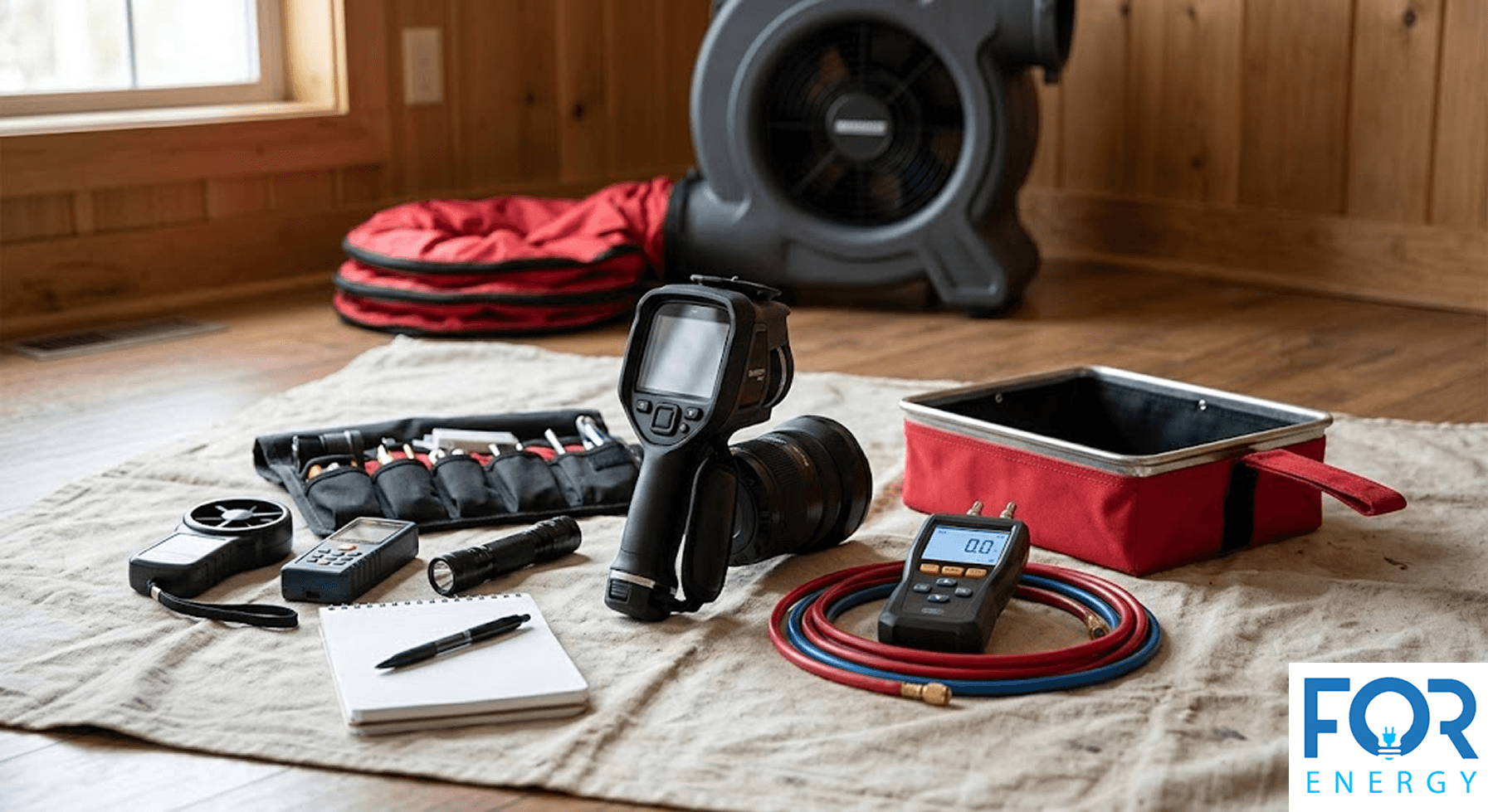 An array of specialized HVAC and energy auditing tools laid out on a drop cloth in a home. The equipment includes a thermal imaging camera, a digital manometer with red and blue pressure hoses, an anemometer, a flashlight, and a notebook. A large blower door fan and red fabric shroud are visible in the background. The "FOR ENERGY" logo is in the bottom right corner.
