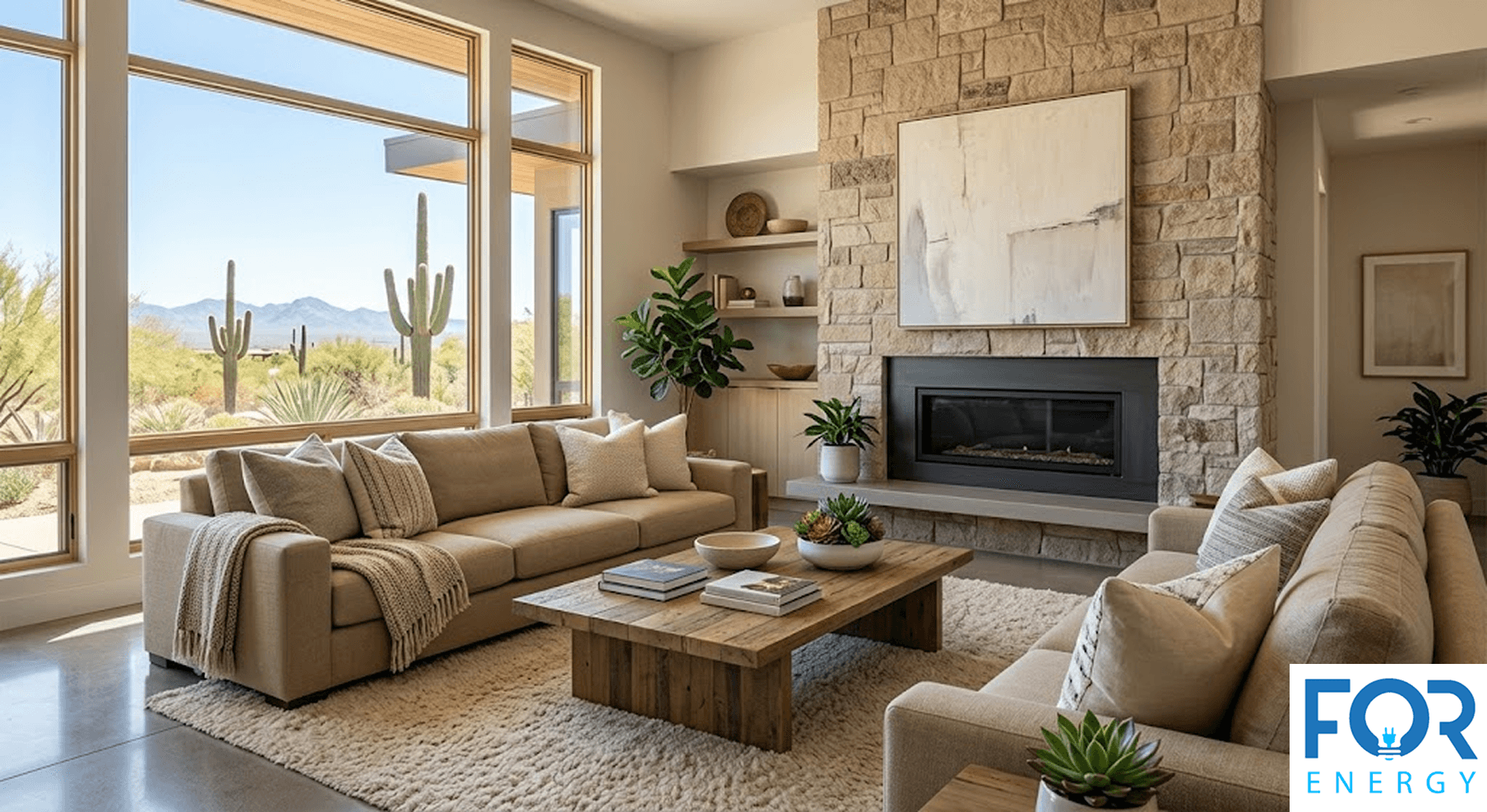 A bright, modern desert living room with floor-to-ceiling windows offering a view of saguaro cacti and mountains. The interior features a neutral-toned sofa, a wooden coffee table, and a large stone fireplace with a contemporary painting mounted above it. The "FOR ENERGY" logo is positioned in the bottom right corner.