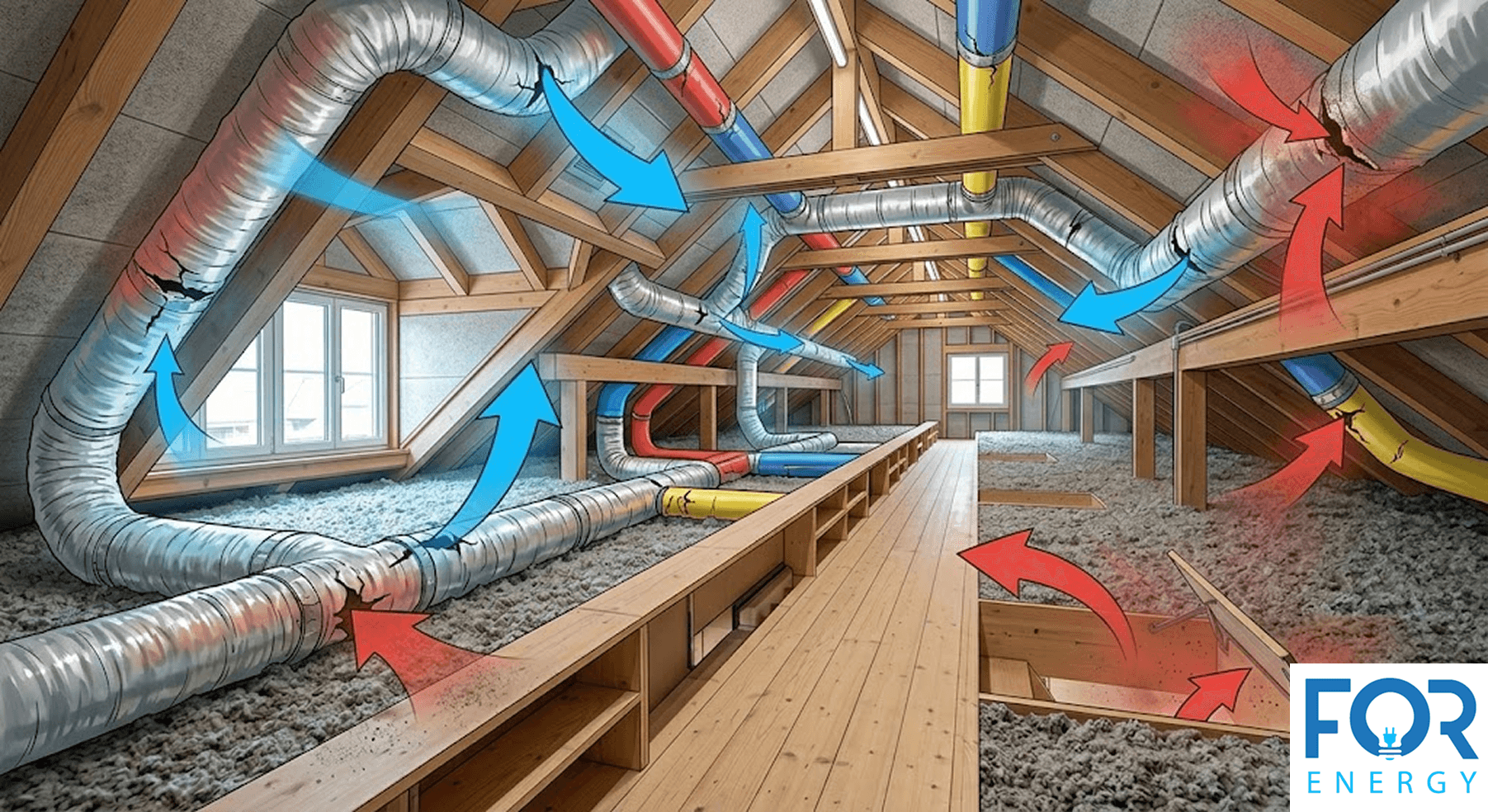 An illustration overlaid on an attic photograph showing a complex network of HVAC ductwork with visible cracks and gaps. Red arrows indicate conditioned air leaking out of the ducts, while blue arrows show unconditioned attic air being pulled in. The attic features wooden rafters, a central walkway, and grey blown-in insulation, with the "FOR ENERGY" logo in the bottom right corner.