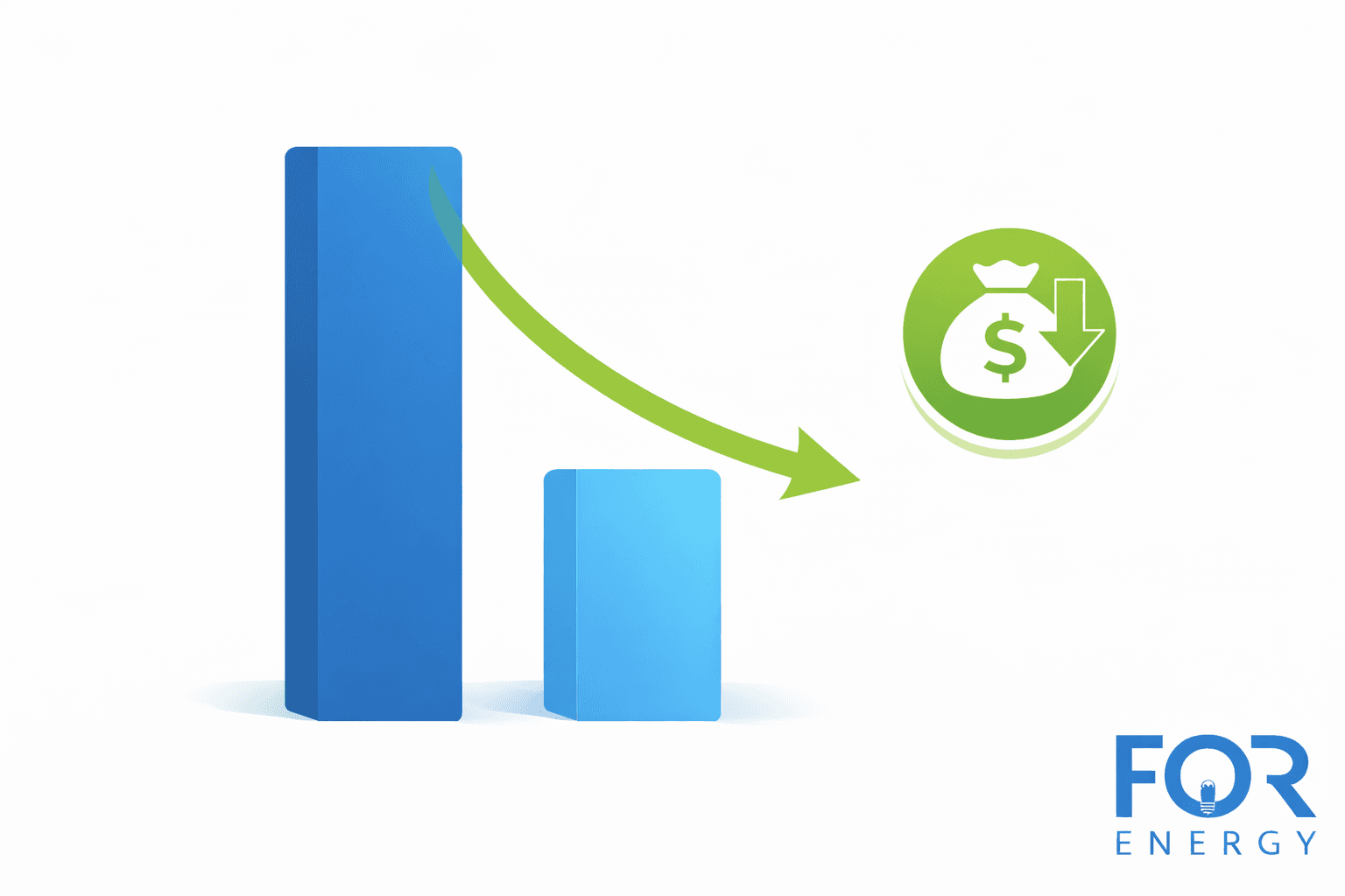 A simple chart illustration showing a tall blue bar decreasing to a shorter bar, with a green downward arrow pointing to a money bag icon to represent reduced costs or energy savings. The FOR Energy logo appears in the bottom right corner.