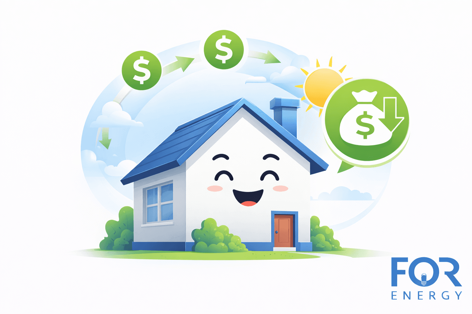 A cheerful illustrated house with a smiling face sits under a sunny sky, surrounded by circular arrows and dollar icons to represent energy savings and efficiency. A green icon with a money bag and downward arrow highlights reduced energy costs. The FOR Energy logo appears in the bottom right corner.