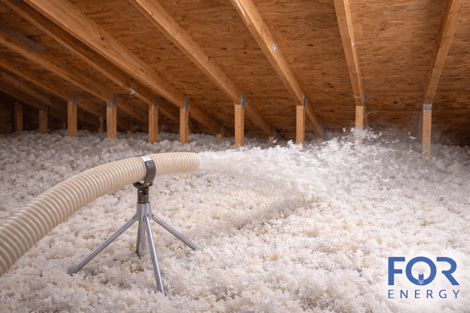 A hose mounted on a tripod blows loose-fill insulation across an attic floor between wooden roof rafters, spreading a thick layer of white insulation to improve home energy efficiency. The FOR Energy logo appears in the bottom right corner.