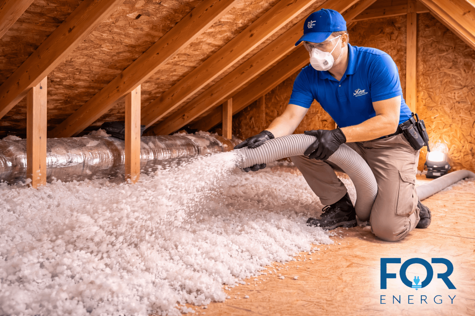 A FOR Energy technician wearing a blue shirt, cap, gloves, and a protective mask kneels in an attic while blowing loose-fill white insulation across the floor using a large hose. Exposed wooden rafters and ductwork line the space, and a work light illuminates the area. The FOR Energy logo appears in the bottom right corner.