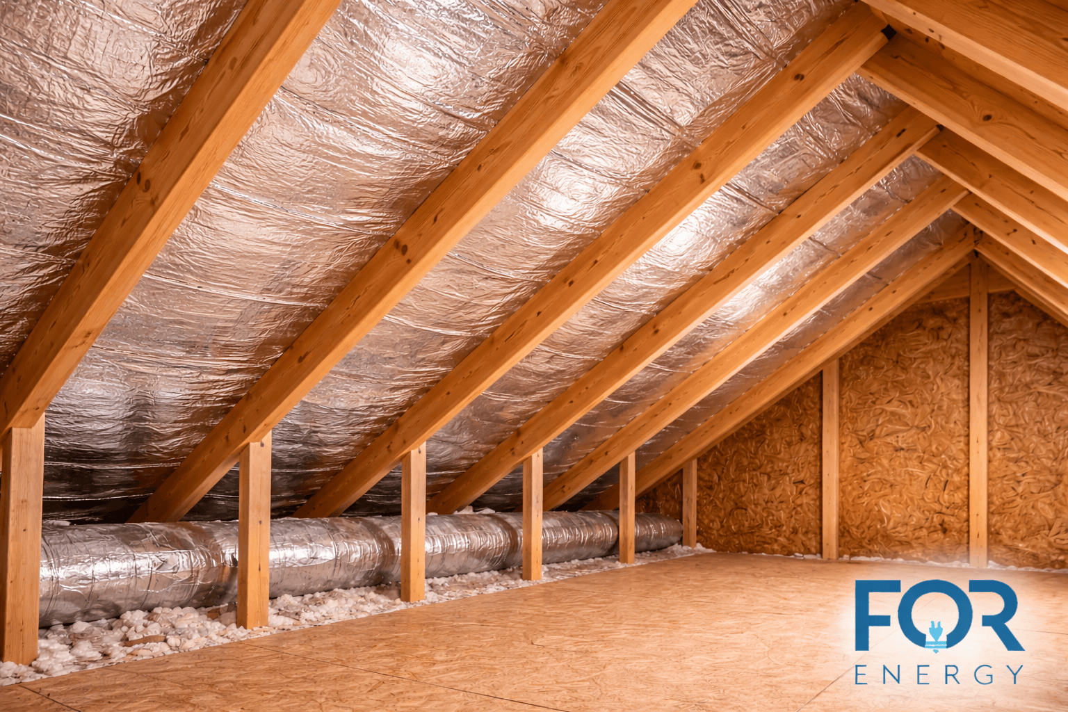 Wide view of an attic interior with exposed wooden rafters and plywood flooring. The roof deck is lined with reflective foil insulation, and insulated ductwork runs along the lower edge near the eaves. Loose-fill insulation is visible along the perimeter. The FOR Energy logo appears in the bottom right corner.
