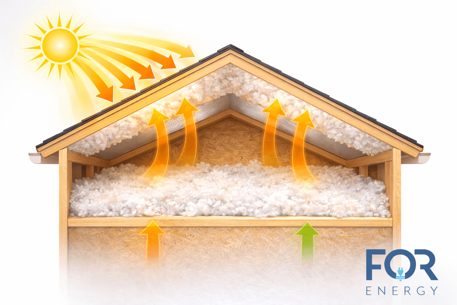 Cutaway illustration of a house roof and attic filled with thick white insulation. Bright sunlight shines onto the roof, with yellow rays entering from above. Orange arrows inside the attic show heat rising toward the roof, while arrows from the living space below point upward, indicating heat movement. The insulation layer beneath the roof deck helps reduce heat transfer. The FOR Energy logo appears in the bottom right corner.