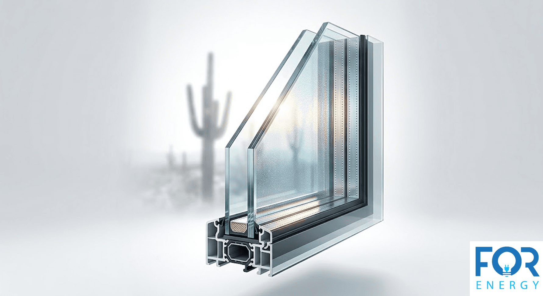 A cross-section diagram of a high-performance triple-pane window, showcasing the insulated frame and the gaps between the glass layers. In the blurred background, a desert landscape with a saguaro cactus is visible, and the "FOR ENERGY" logo is located in the bottom right corner.