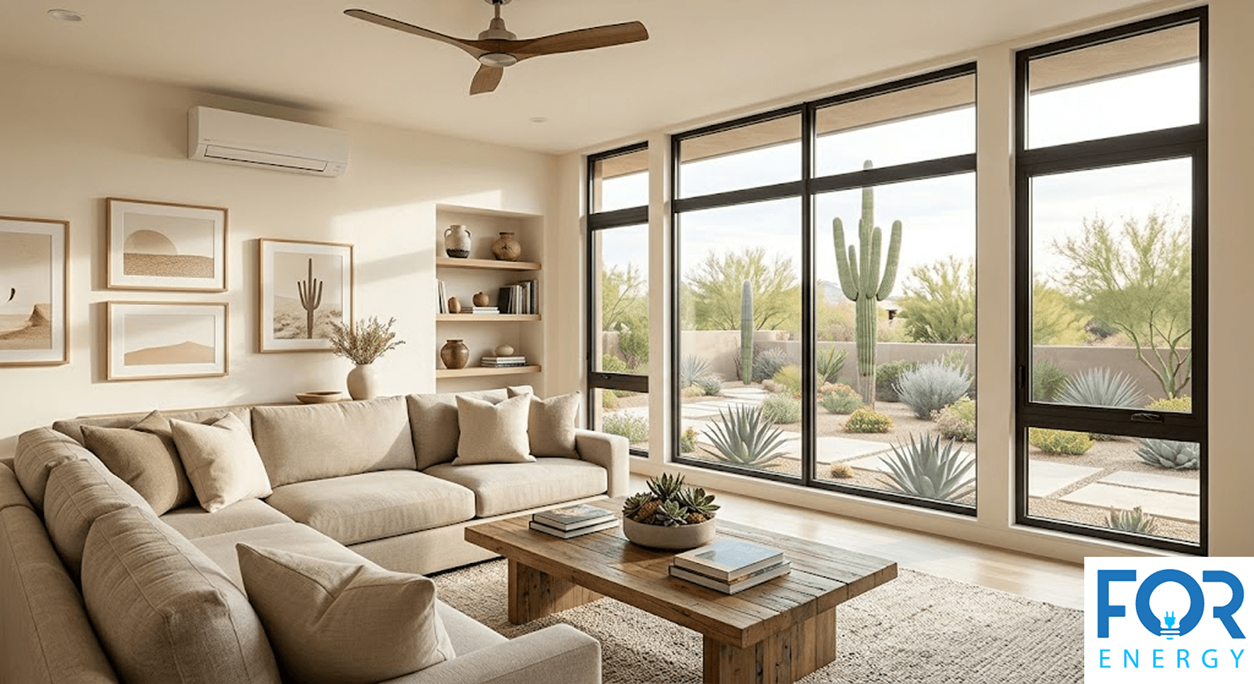 A bright, contemporary living room featuring large, black-framed energy-efficient windows that showcase a desert landscape with saguaro cacti and agave plants. The interior includes a cream-colored sectional sofa, a wooden coffee table, a mini-split AC unit on the wall, and desert-themed framed art. The "FOR ENERGY" logo is positioned in the bottom right corner.