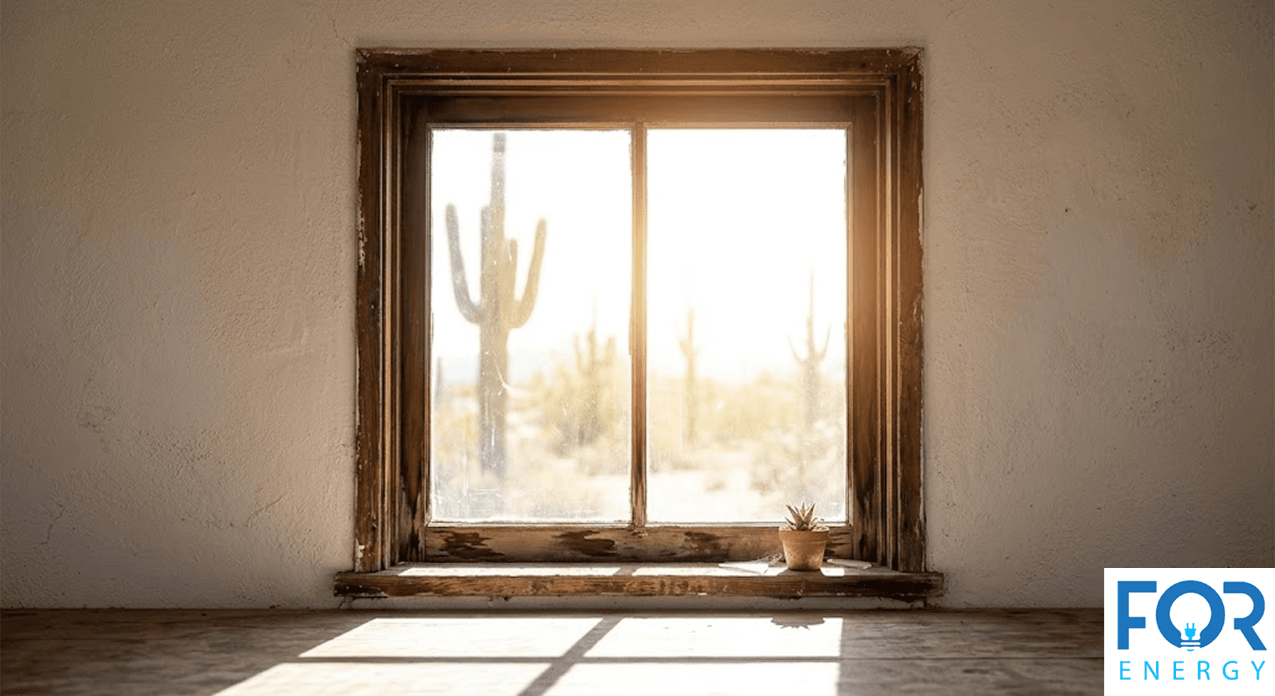 An interior view of an old, weathered wooden window with peeling paint and visible wear. Bright sunlight streams through the glass, casting shadows on the floor and framing a view of a desert landscape with saguaro cacti. A small potted plant sits on the windowsill, and the "FOR ENERGY" logo is in the bottom right corner.