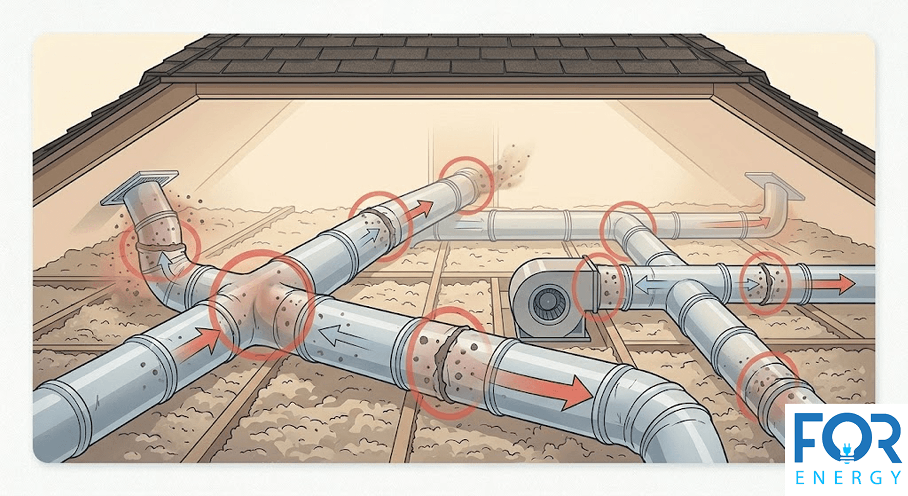 An architectural illustration of a home attic showing a network of HVAC ductwork with multiple air leaks. Red circles highlight cracks and gaps where dust and debris are entering the system, while red and blue arrows indicate the flow of air. The ductwork is situated over a layer of blown-in insulation, and the "FOR ENERGY" logo is visible in the bottom right corner.