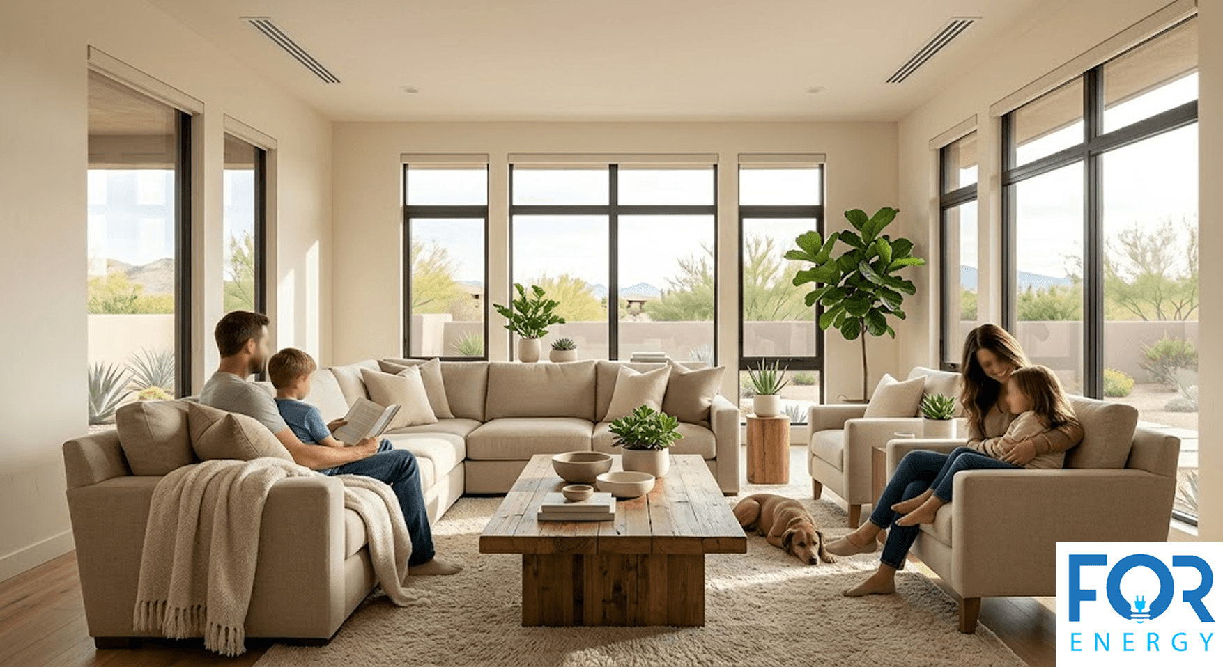 A happy family of four relaxes in a bright, airy living room with a modern desert aesthetic. A man and young boy read together on a large cream sectional, while a woman sits in an armchair with a young girl. Large windows reveal a sunny desert landscape, and two clean air vents are visible on the ceiling. The "FOR ENERGY" logo is in the bottom right corner.