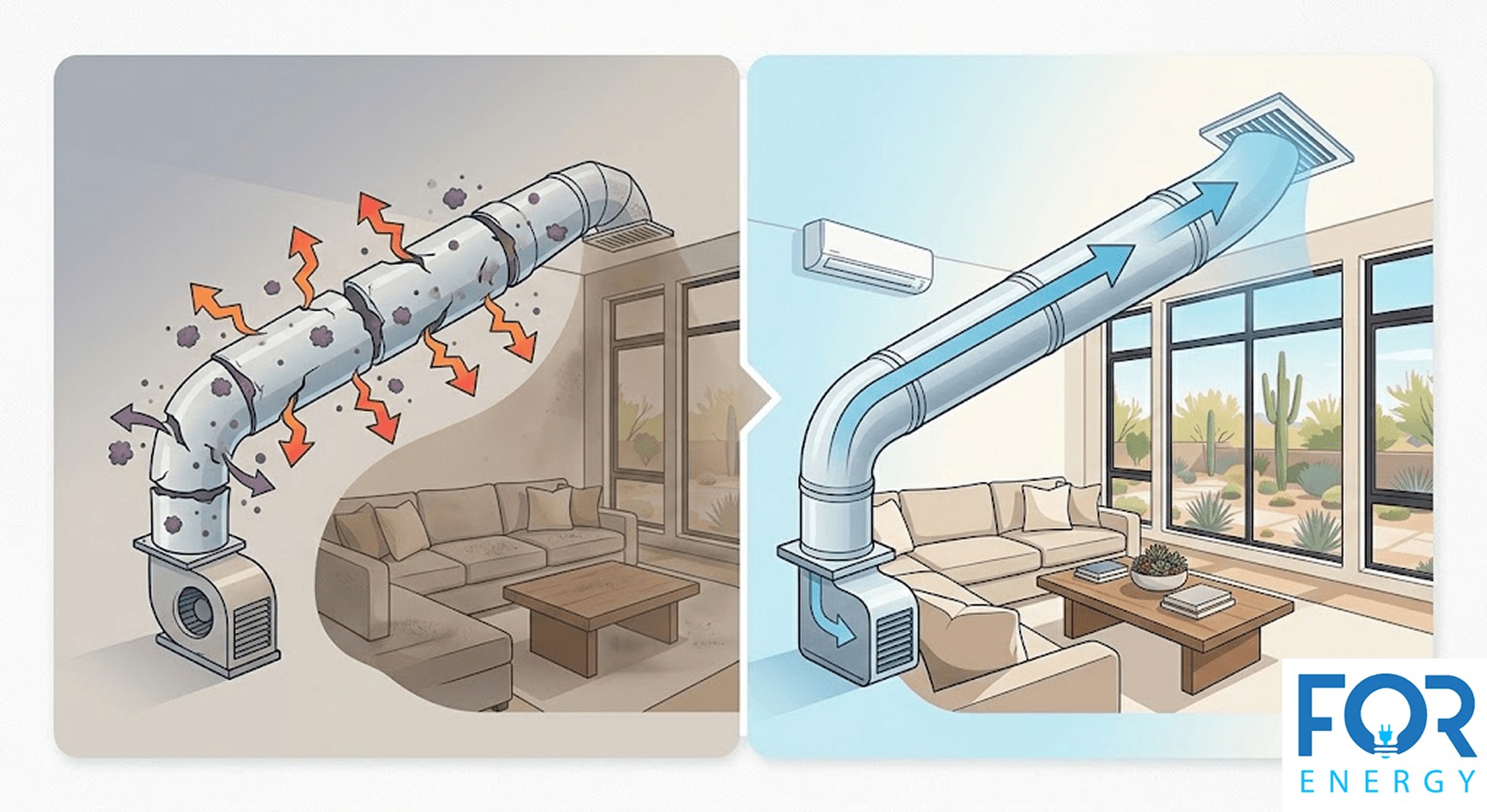A side-by-side comparison illustrating the benefits of duct sealing. The left panel shows damaged, leaky ductwork releasing dust and escaping heat (represented by red arrows) into a dim living room. The right panel shows sealed, intact ductwork efficiently directing clean air (blue arrows) through a bright, modern living room with a desert view. The "FOR ENERGY" logo is in the bottom right corner.