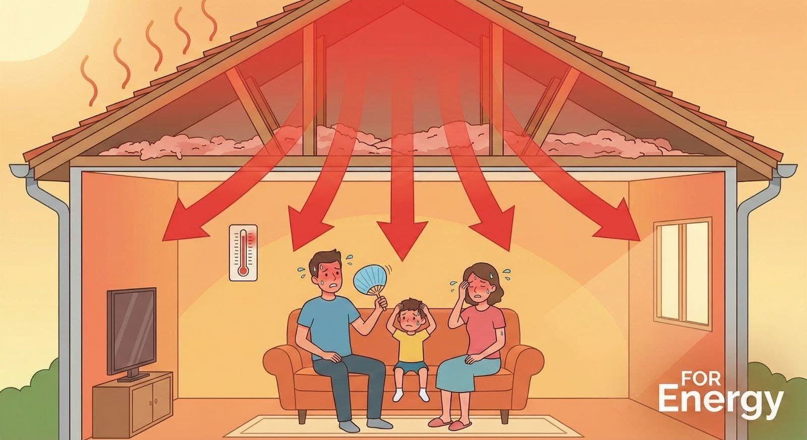 Illustration of a cutaway house showing heat entering through the roof and attic, with red arrows pointing downward. Inside, a family of two adults and a child sit on a couch looking overheated and sweating; one adult fans themselves while a thermometer shows high temperature, illustrating poor insulation and heat gain in a home.