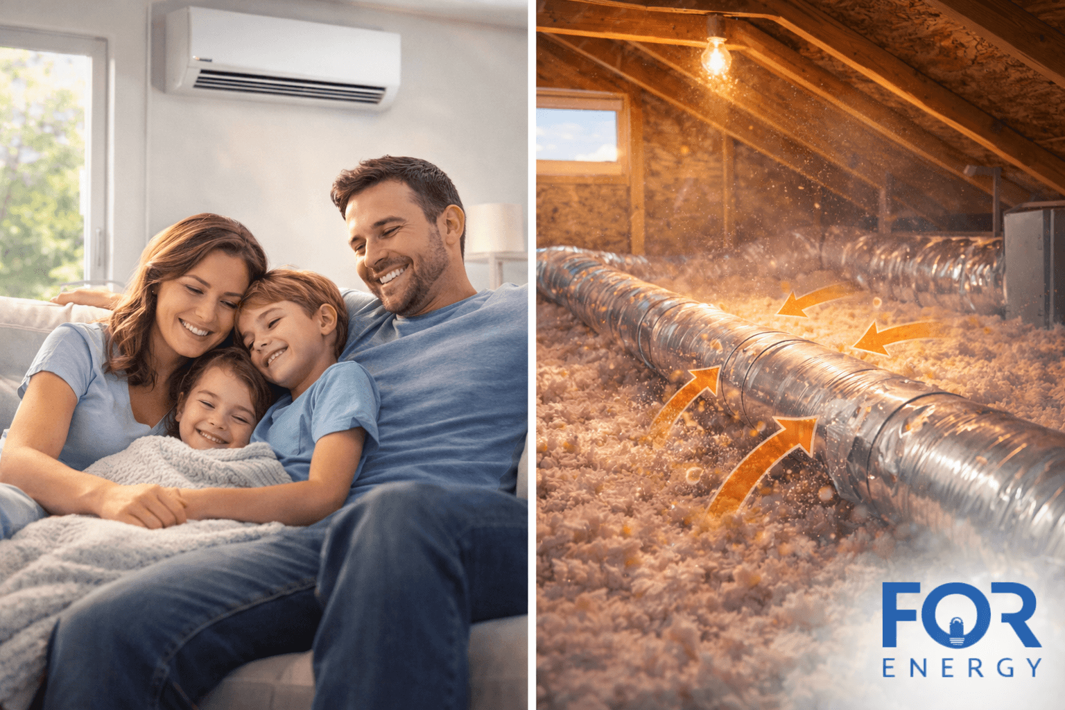 Split image: on the left, a smiling family of four relaxing on a couch under a wall-mounted air conditioner; on the right, an attic with insulation and metal ductwork surrounded by orange arrows showing heat affecting the ducts, illustrating how attic conditions impact home comfort and efficiency. FOR Energy logo in the bottom right.