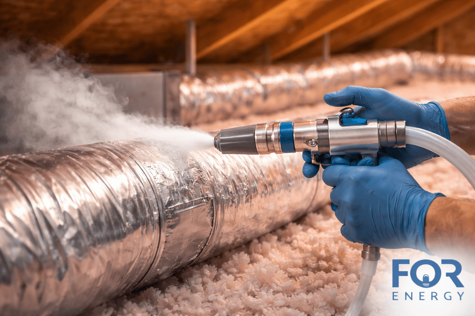 Technician wearing blue gloves spraying sealant onto a metal HVAC duct in an attic filled with loose insulation, sealing air leaks along the ductwork to improve energy efficiency. FOR Energy logo in the bottom right.