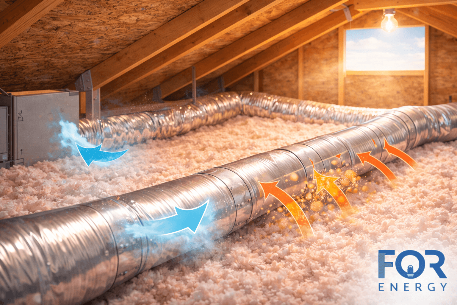 Attic with loose-fill insulation and metal air ducts running across the floor, with blue arrows showing cooled air moving through the duct and orange arrows indicating heat entering from the surrounding attic, illustrating energy loss through uninsulated ductwork. FOR Energy logo in the bottom right.