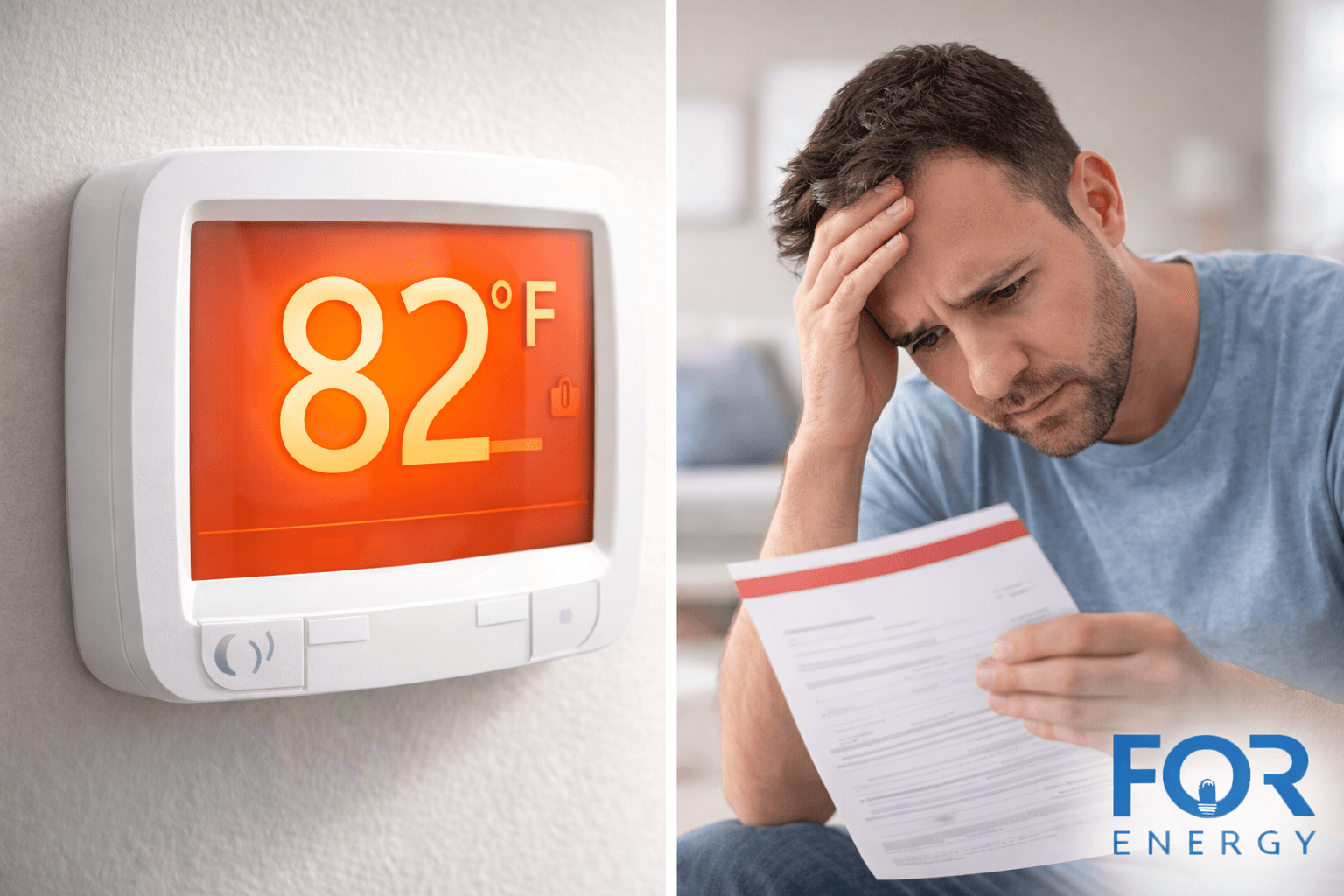 Split image: on the left, a thermostat displaying 82°F glowing red on a wall; on the right, a worried man holding his head while reviewing a bill, suggesting high energy costs from excessive indoor heat. FOR Energy logo in the bottom right.