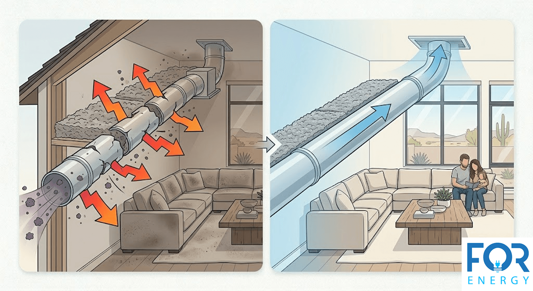 A side-by-side illustration comparing an uninsulated attic to one with cellulose insulation. The left panel shows cracked ductwork leaking heat and dust (red arrows) into a dim living room. The right panel shows sealed ductwork protected by a thick layer of grey cellulose insulation, with blue arrows indicating clean, efficient airflow into a bright room where a couple is sitting comfortably. The "FOR ENERGY" logo is in the bottom right corner.