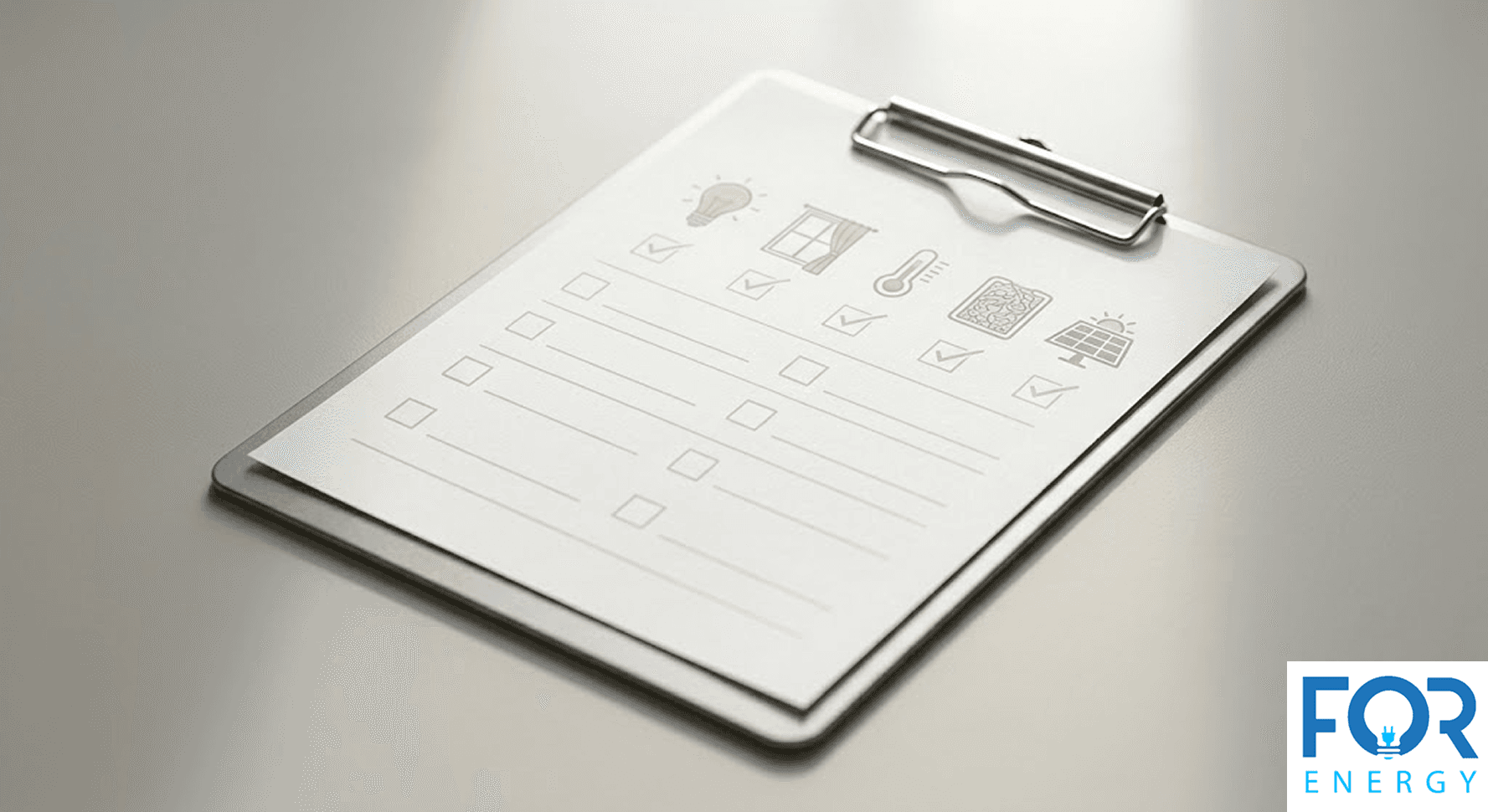 A silver clipboard resting on a desk, holding a home energy efficiency checklist. The paper features icons for lighting, windows, temperature, insulation, and solar panels, each with a checkmark next to it. Several blank lines follow for additional notes. The "FOR ENERGY" logo is positioned in the bottom right corner.