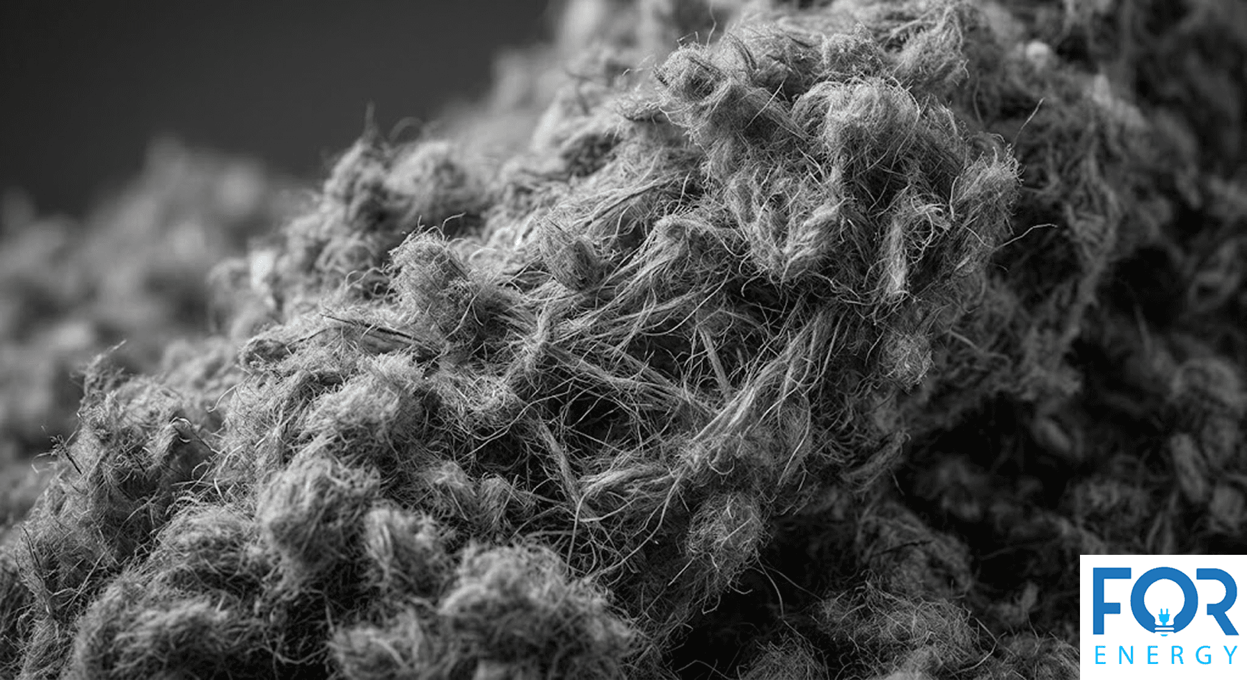 An extreme close-up of grey cellulose insulation, highlighting its dense, fibrous texture composed of recycled paper materials. The "FOR ENERGY" logo is visible in the bottom right corner.
