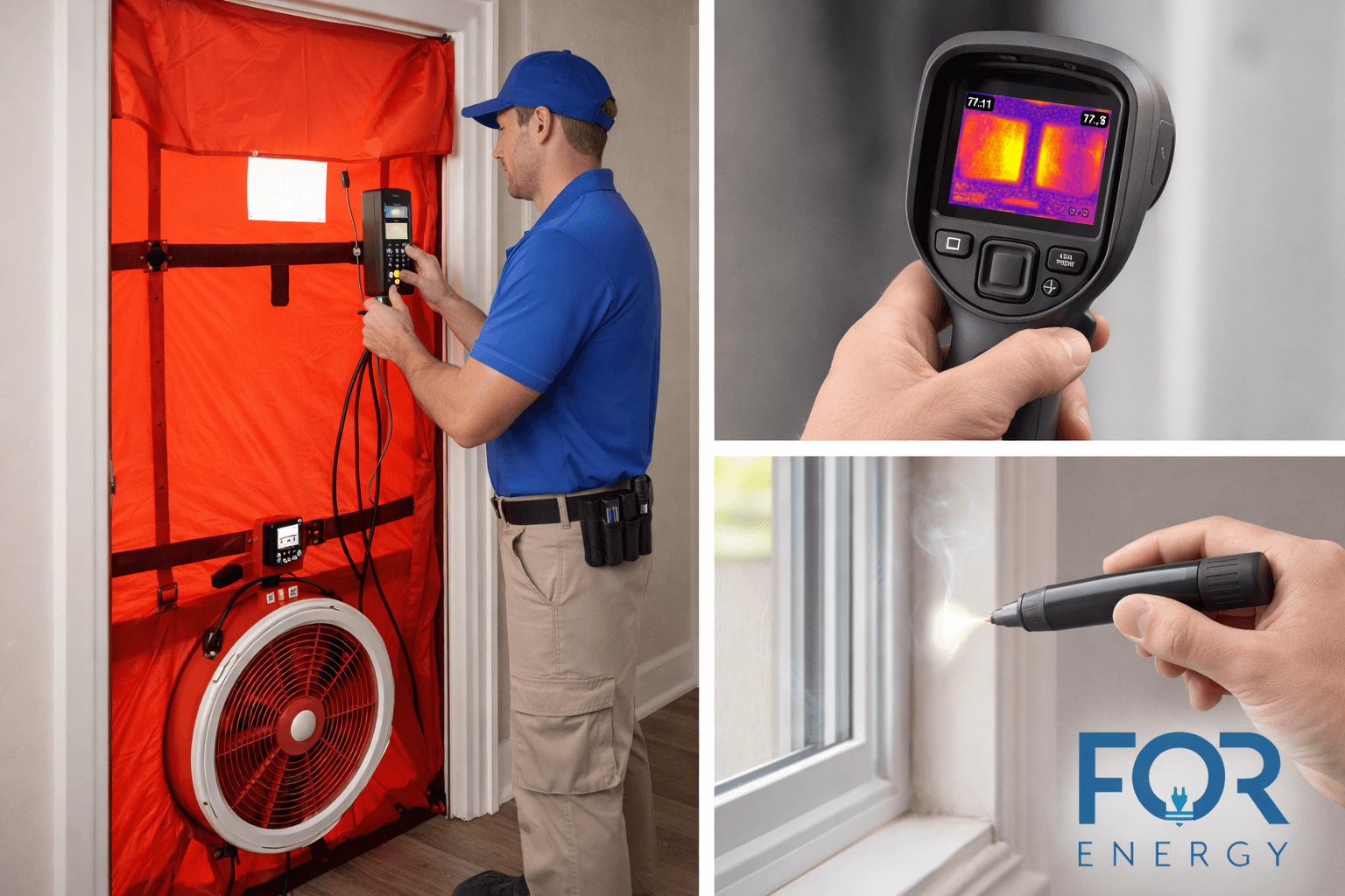 Collage showing a home energy audit in progress. On the left, a FOR Energy technician in a blue uniform operates a blower door test setup with a large red fan sealed in a doorway. In the top right, a handheld thermal imaging camera displays a heat map of a window with temperature readings. In the bottom right, a smoke pen is used near a window frame to detect air leaks. The FOR Energy logo appears in the bottom right corner.